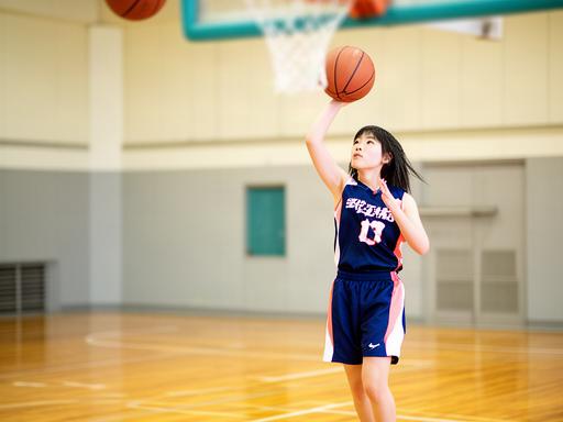 女子バスケットボール選手が学校体育館でシュート練習をする姿
