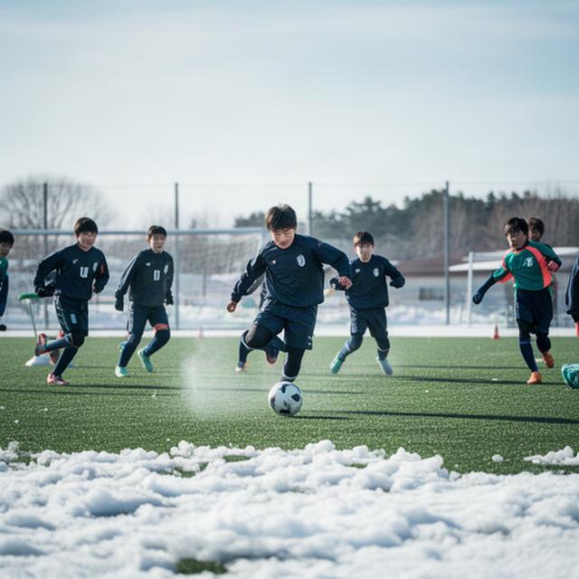 釧路の中高生が雪の残るグラウンドでサッカーの練習をする様子