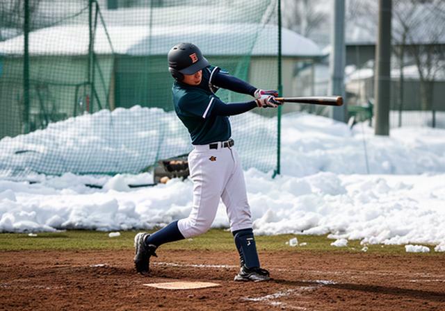 釧路の高校生野球選手が雪の残る練習場で打撃練習をする様子