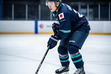 釧路のリンクでスティックを構える日本人フォワード選手